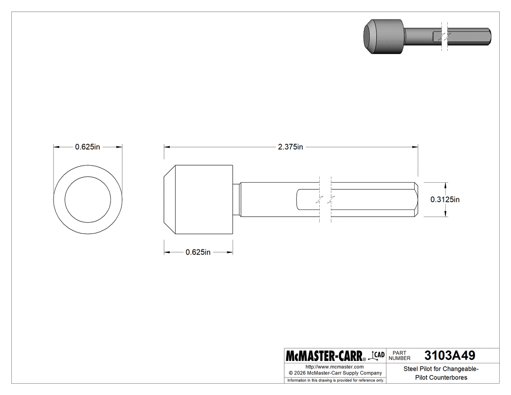 Technical Drawing of Steel Pilot for Changeable-Pilot Counterbores, 5/16" Shank Diameter with 5/8" Pilot Head.